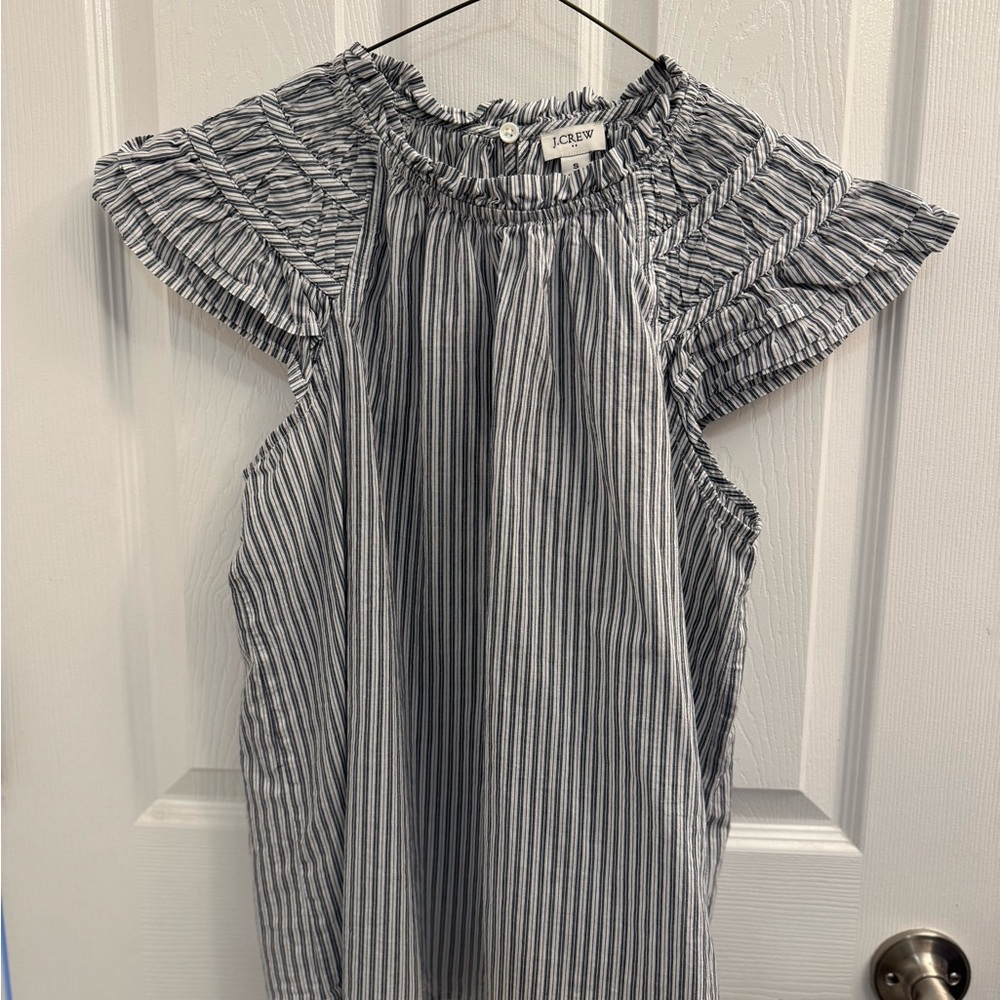 J.Crew Blue and White Striped Ruffle Blouse
